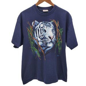 Wild Wear Vintage White Tiger Graphic T-Shirt XL Navy Blue 100% Cotton Made USA